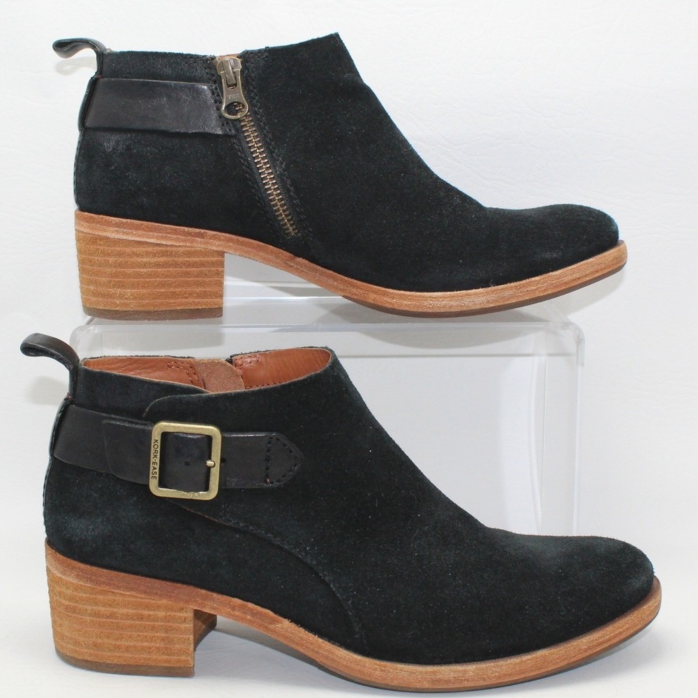 Kork-Ease Black Suede Ankle Boots K54200 Buckle Strap Block Heel Mens 6.5M‎
